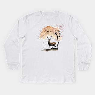 Sumi-e Style Nara Deer and Sakura Kids Long Sleeve T-Shirt